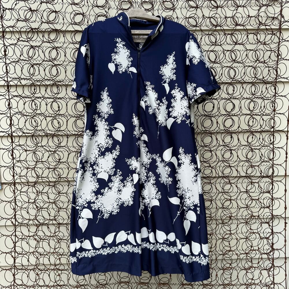 70a David Brown Navy Blue White Splatter Shadow Zip Front Polyester Nightgown L?